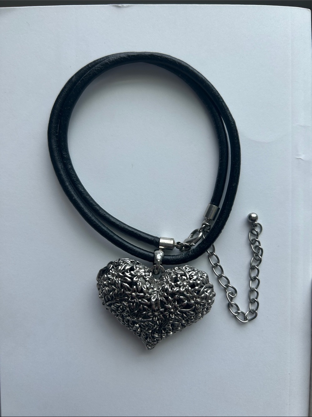 Silver Filigree Heart Pendant on Black Leather Cord Necklace